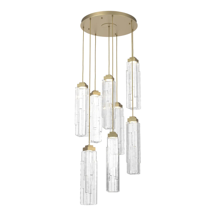 Ledgestone Round Pendant Chandelier by Hammerton Studio 8 Lights in Gilded Brass with Clear Ledgestone glass on adjustable cord
