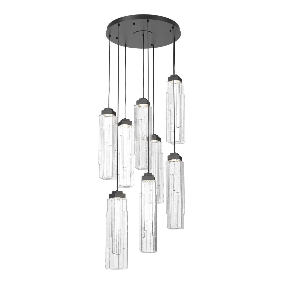 Ledgestone Round Pendant Chandelier by Hammerton Studio 8 Lights in Matte Black with Clear Ledgestone glass on adjustable cord