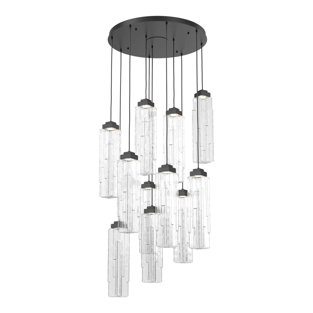 Ledgestone Round Pendant Chandelier by Hammerton Studio 11 Lights in Matte Black with Clear Ledgestone glass on adjustable cord