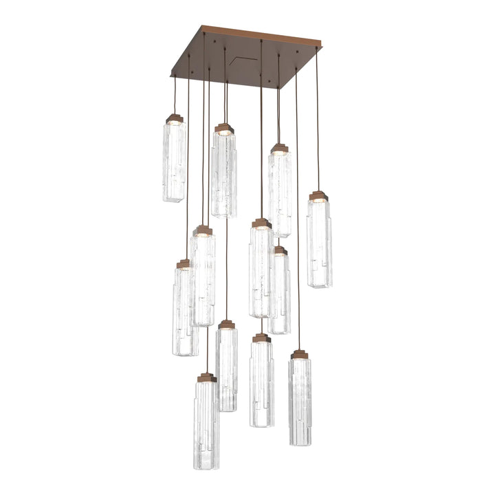 Ledgestone Square Pendant Chandelier by Hammerton Studio 12 Lights in Burnished Bronze with Clear Ledgestone glass