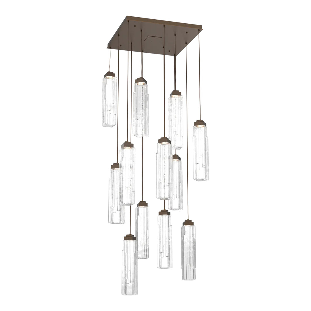Ledgestone Square Pendant Chandelier by Hammerton Studio 12 Lights in Flat Bronze with Clear Ledgestone glass