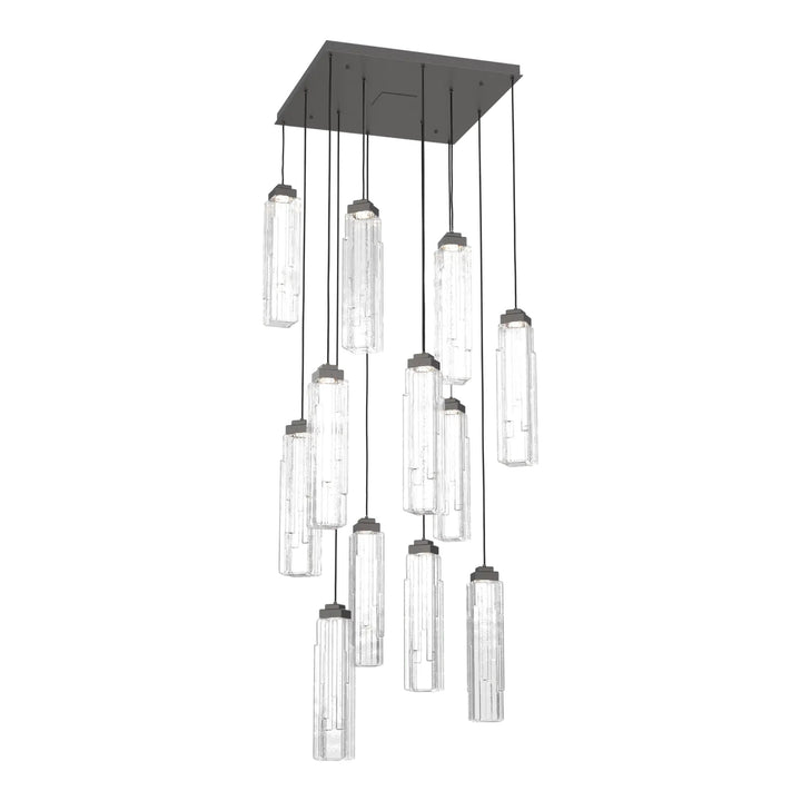 Ledgestone Square Pendant Chandelier by Hammerton Studio 12 Lights in Graphite with Clear Ledgestone glass