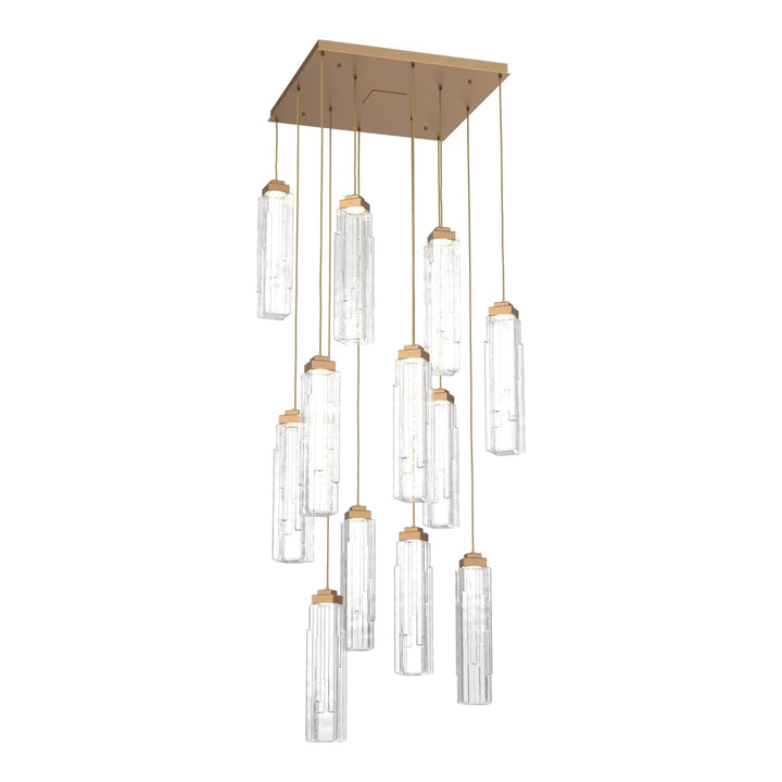 Ledgestone Square Pendant Chandelier by Hammerton Studio 12 Lights in Novel Brass with Clear Ledgestone glass
