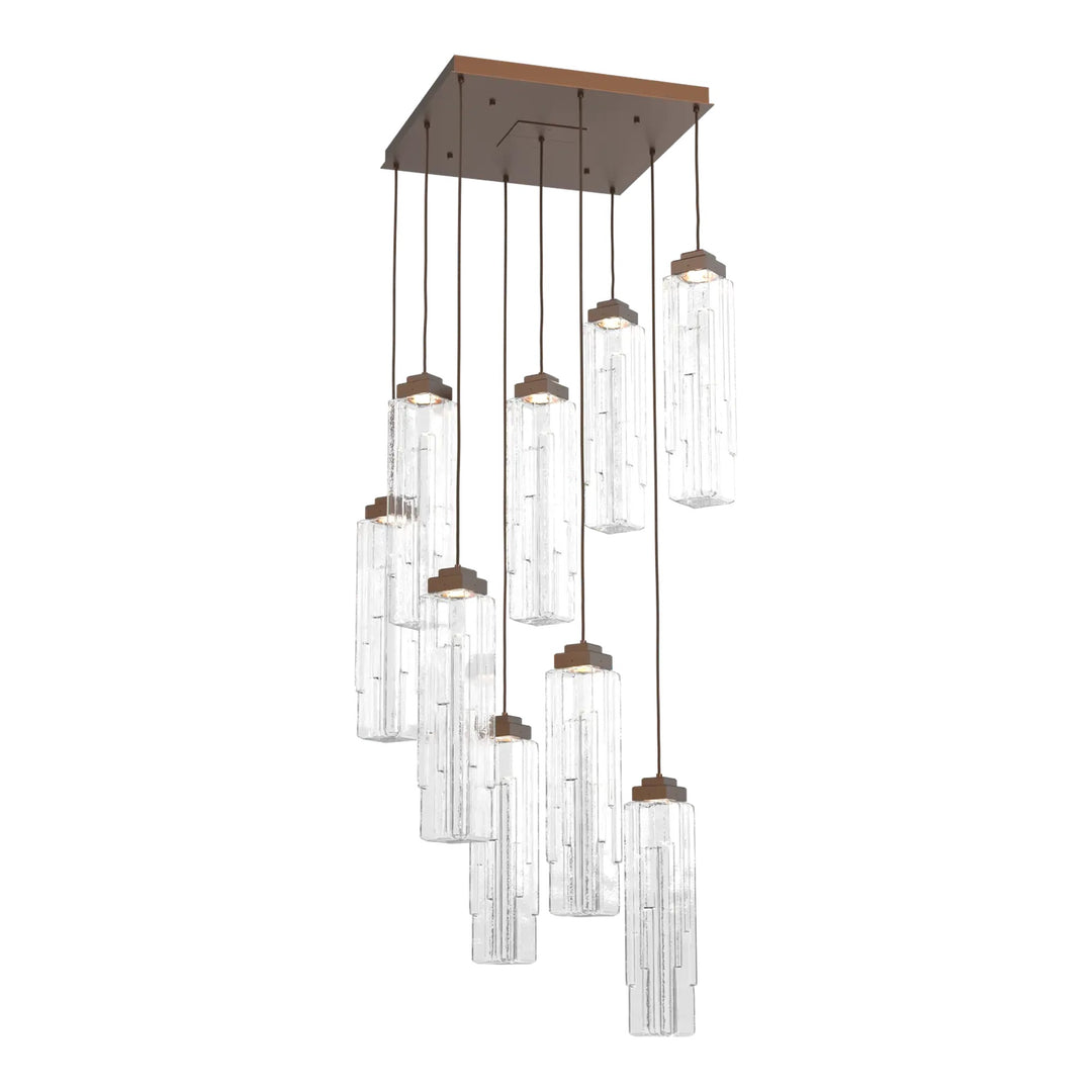 Ledgestone Square Pendant Chandelier by Hammerton Studio 9 Lights in Burnished Bronze with Clear Ledgestone glass
