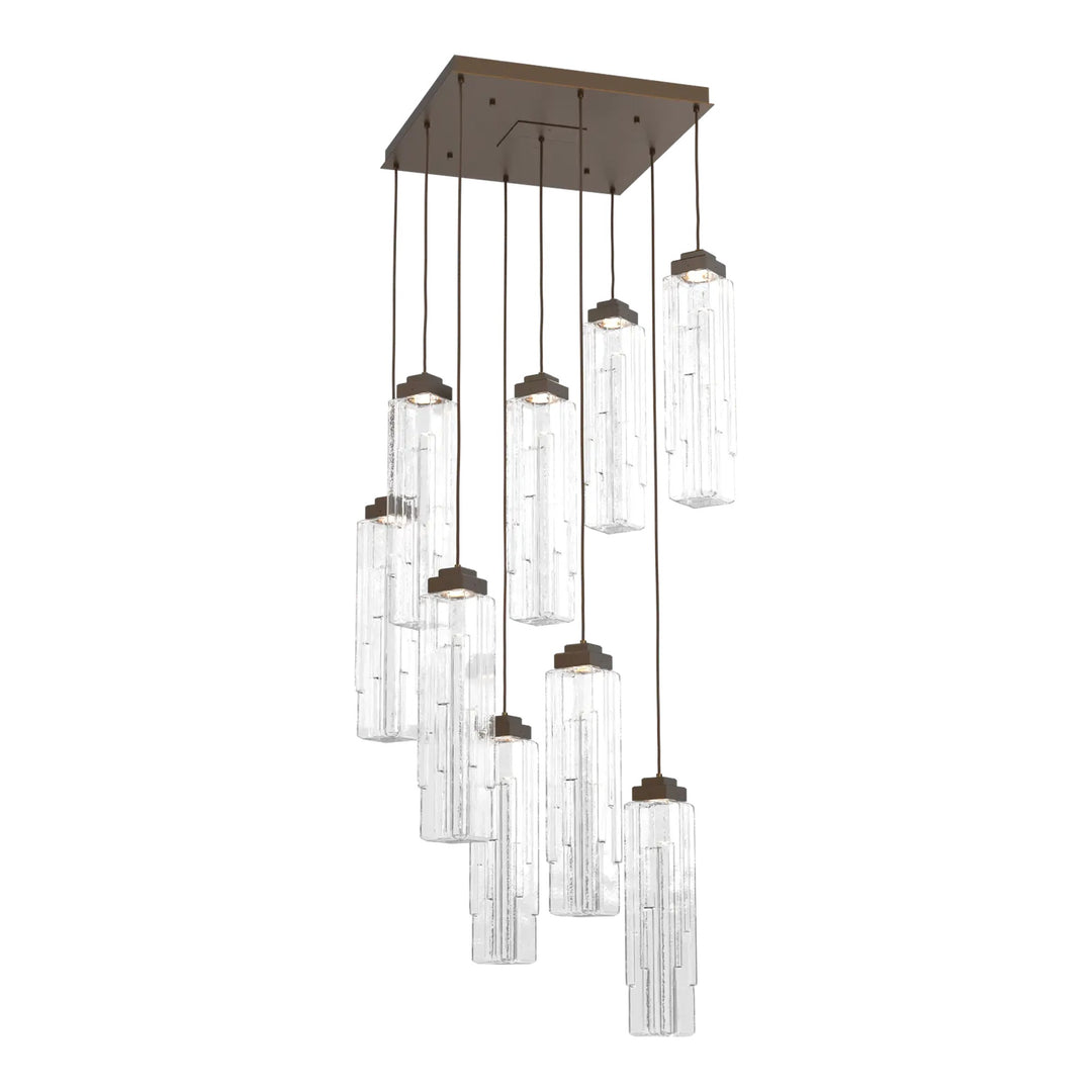 Ledgestone Square Pendant Chandelier by Hammerton Studio 9 Lights in Flat Bronze with Clear Ledgestone glass