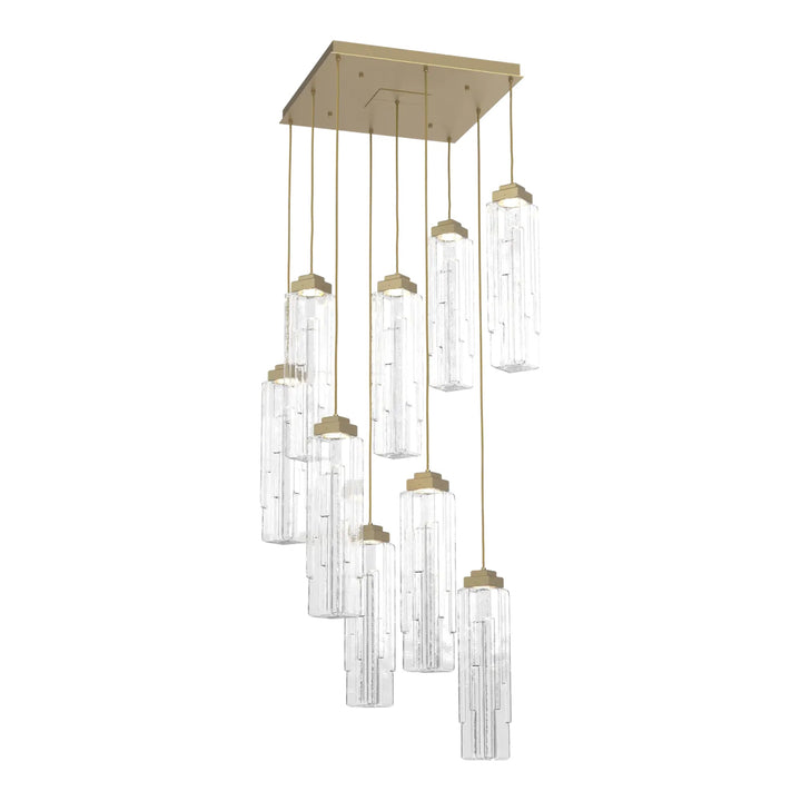 Ledgestone Square Pendant Chandelier by Hammerton Studio 9 Lights in Gilded Brass with Clear Ledgestone glass