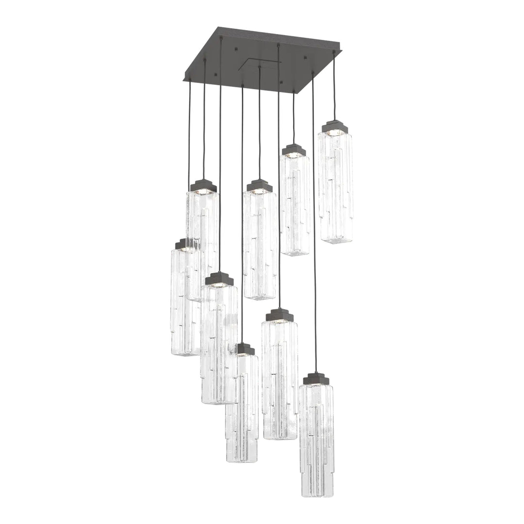 Ledgestone Square Pendant Chandelier by Hammerton Studio 9 Lights in Graphite with Clear Ledgestone glass