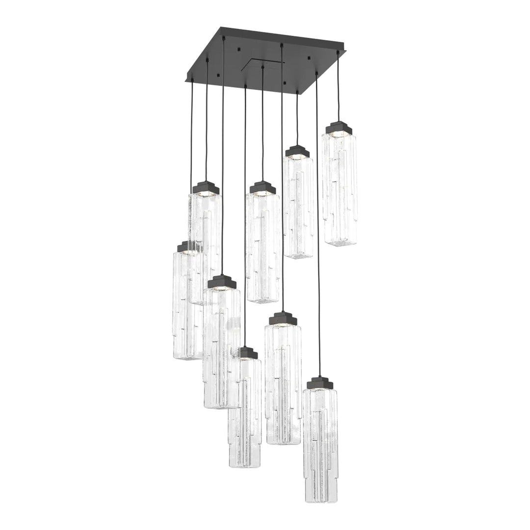 Ledgestone Square Pendant Chandelier by Hammerton Studio 9 Lights in Matte Black with Clear Ledgestone glass