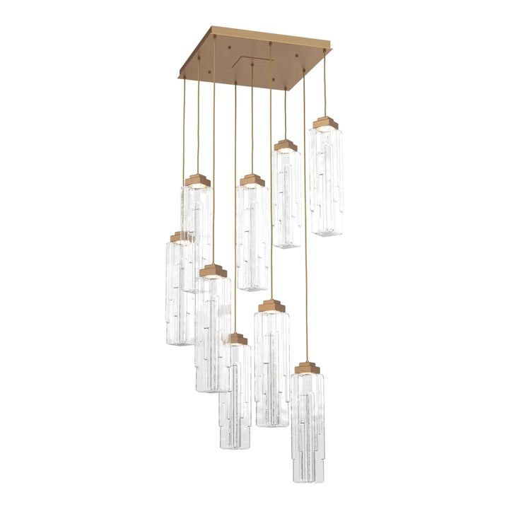 Ledgestone Square Pendant Chandelier by Hammerton Studio 9 Lights in Novel Brass with Clear Ledgestone glass