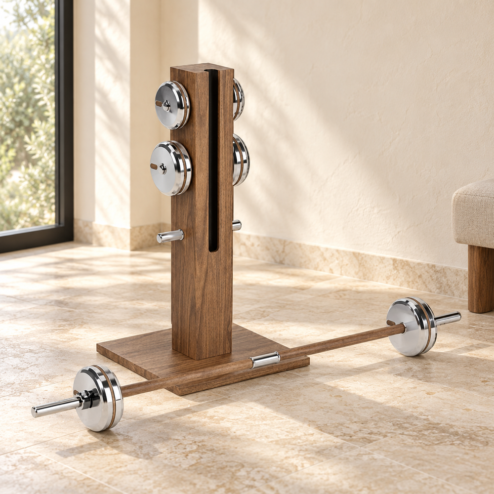 LESNA barbell and weight set in a warm home gym — lifestyle visualization