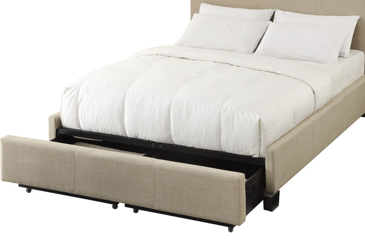 Levi Tufted Upholstered Footboard Storage Bed in Toast Linen — storage footboard drawers open