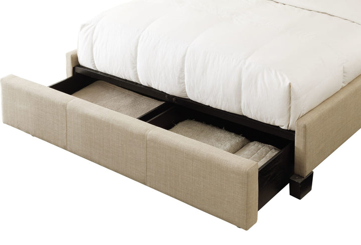 Levi Tufted Upholstered Footboard Storage Bed in Toast Linen — close-up of a footboard storage drawer