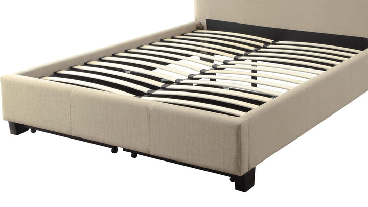 Levi Tufted Upholstered Footboard Storage Bed in Toast Linen — without mattress, showing slat platform