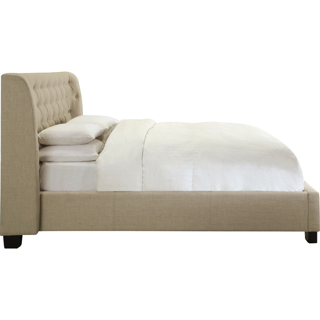 Levi Tufted Upholstered Footboard Storage Bed in Toast Linen — white background, side profile