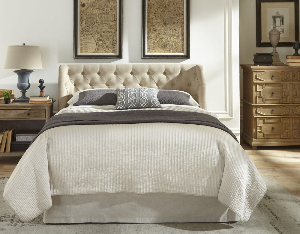 Levi Tufted Upholstered Platform Bed in Toast Linen styled in a bedroom