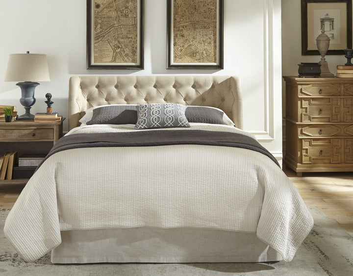 Levi Tufted Upholstered Platform Bed in Toast Linen styled in a bedroom