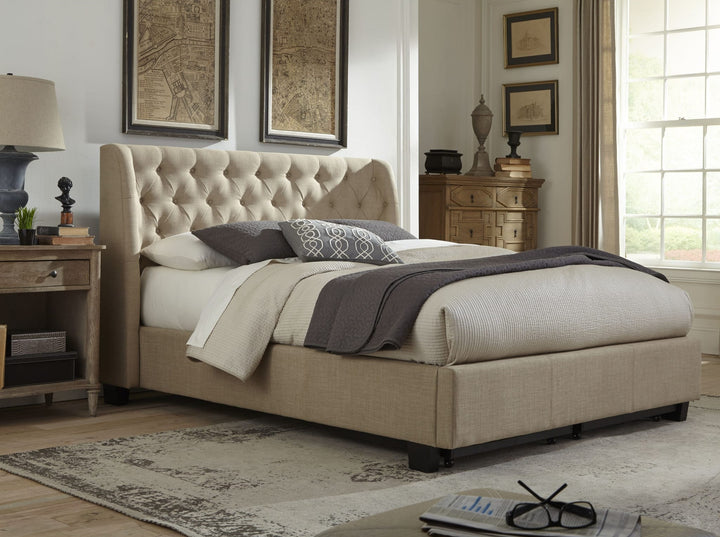 Levi Tufted Upholstered Platform Bed in Toast Linen styled in a bedroom