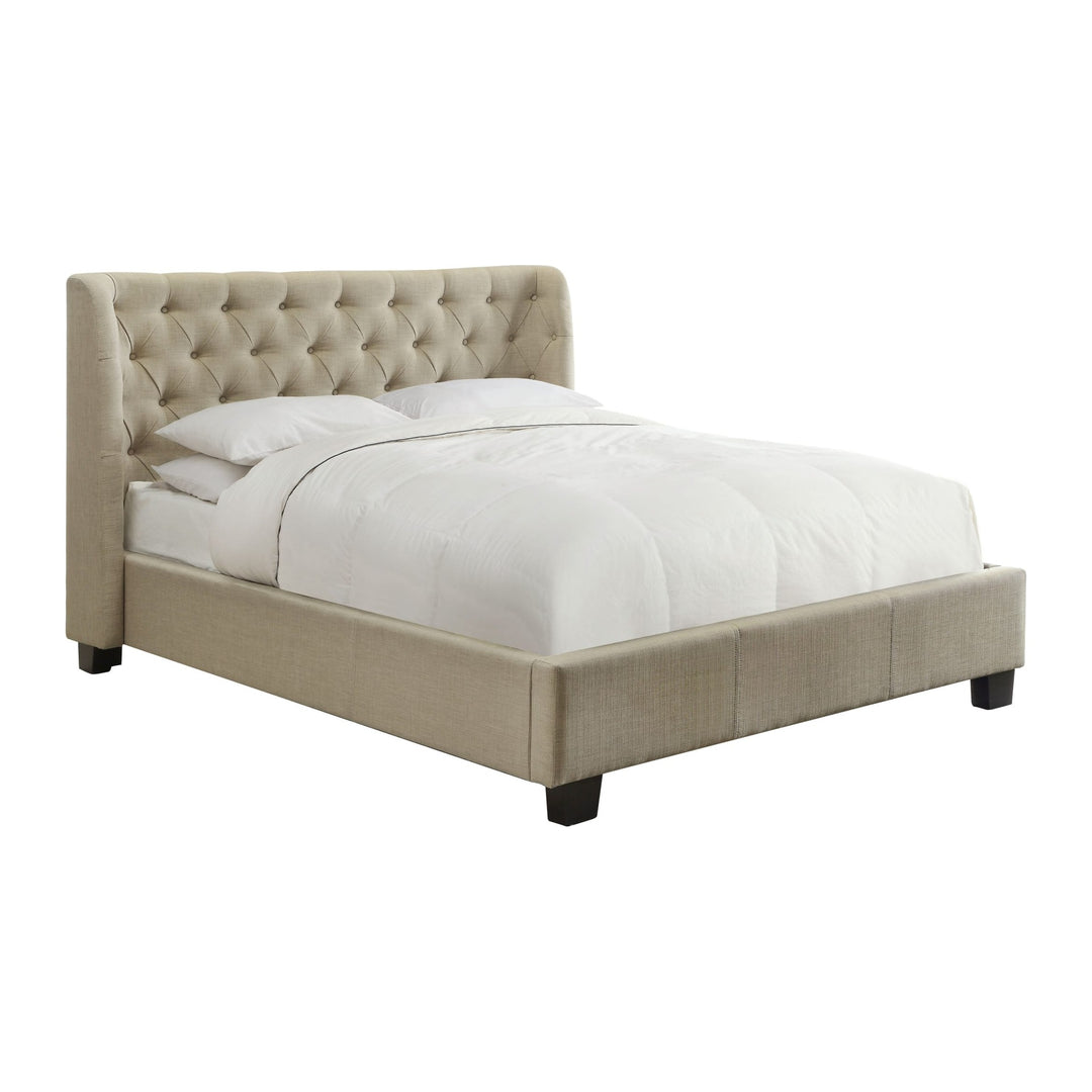 Levi Tufted Upholstered Platform Bed by Modus in Toast Linen — white background, angled view