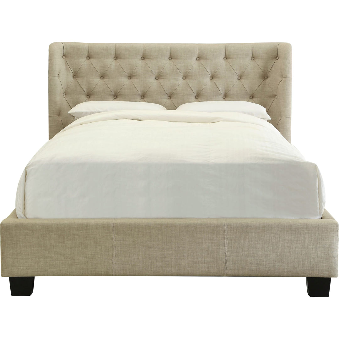Levi Tufted Upholstered Platform Bed in Toast Linen — white background, front view