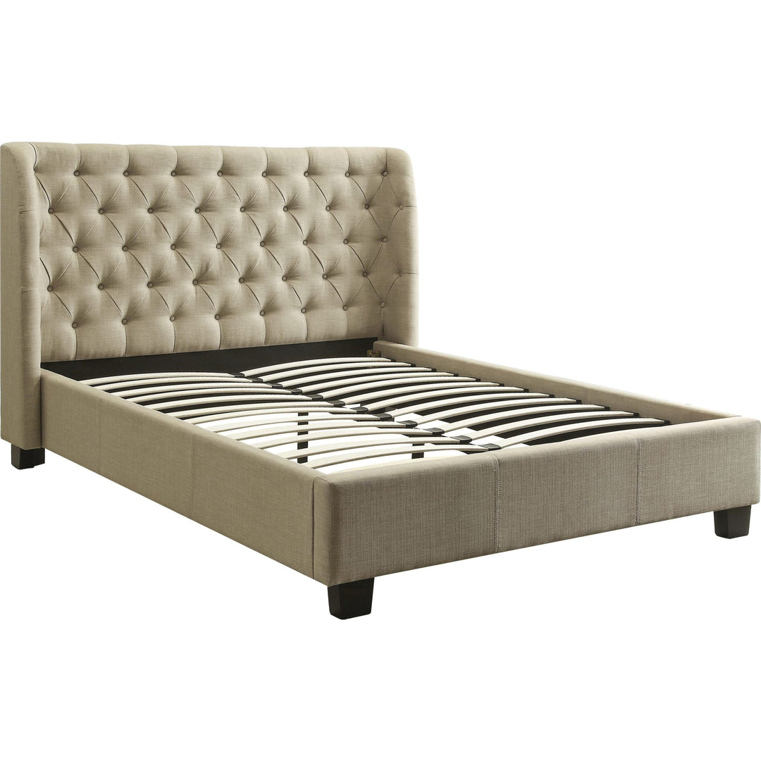 Levi Tufted Upholstered Platform Bed in Toast Linen — without mattress, showing slat platform
