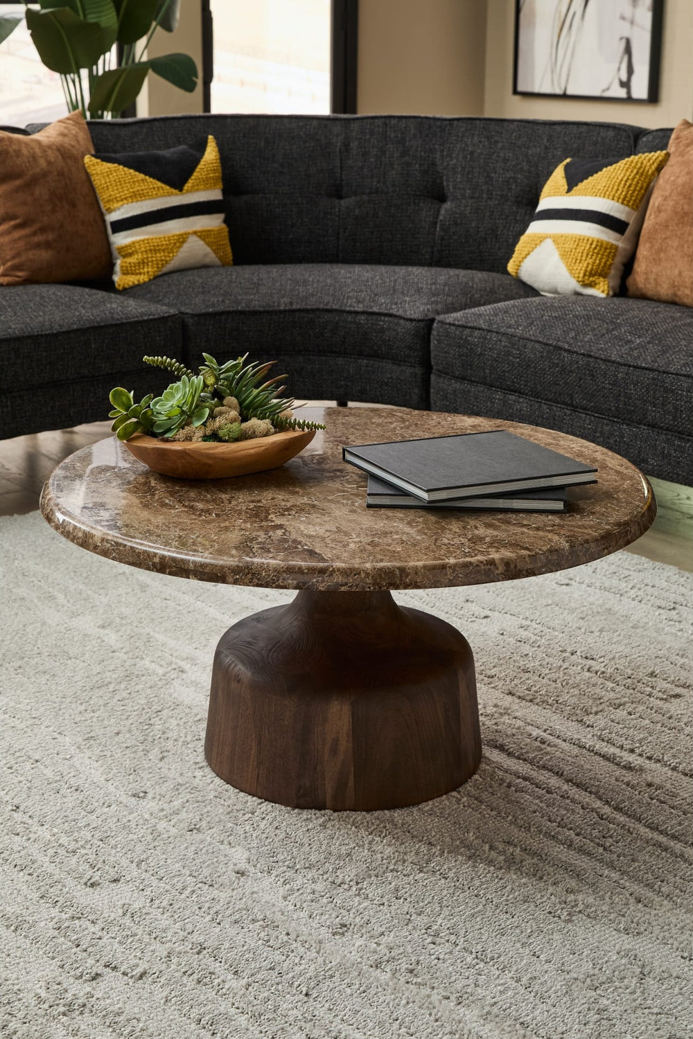 Lloyd Marble Top Coffee Table in Tamarind and Brown Marble — lifestyle photo