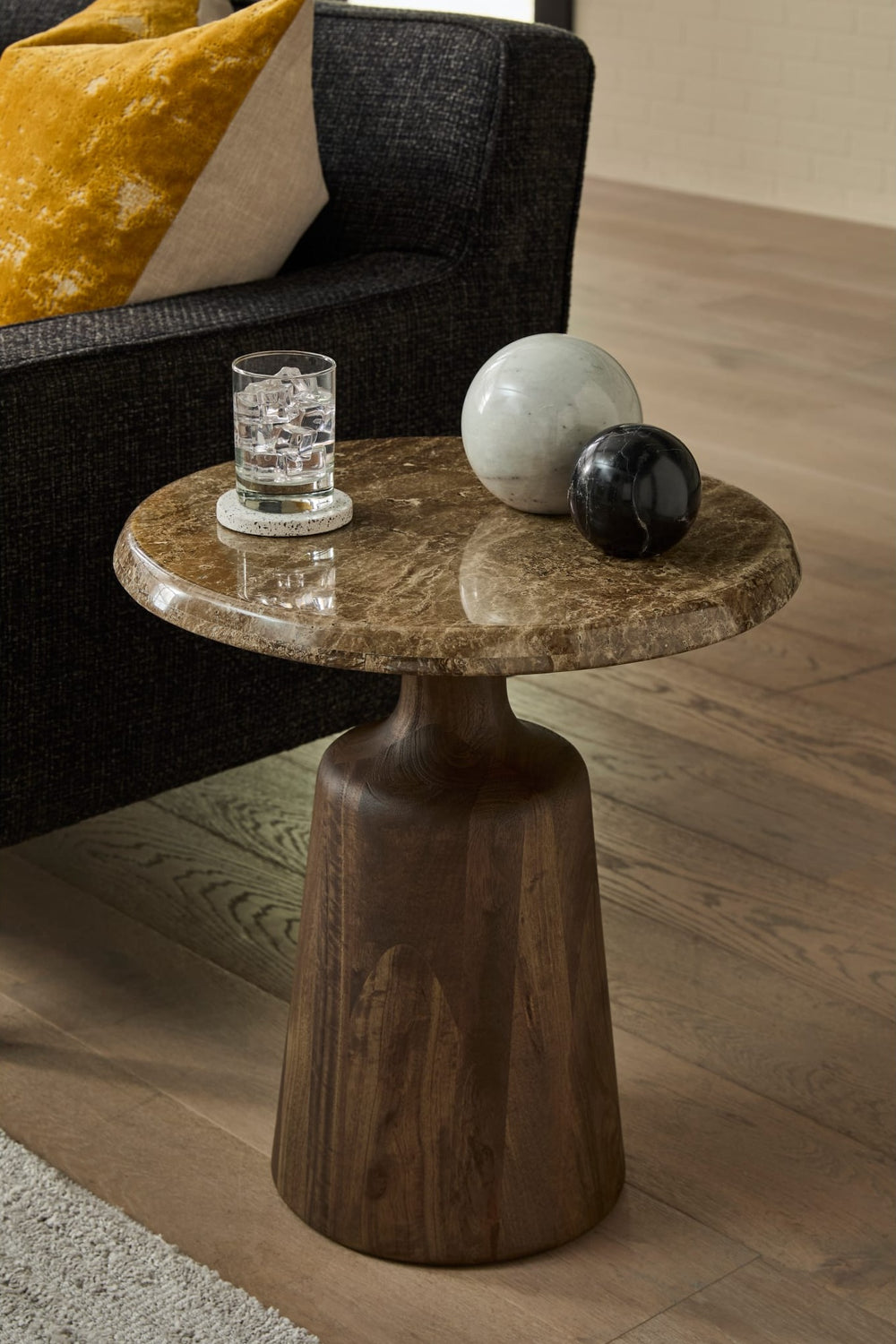 Lloyd Marble Top End Table in Tamarind and Brown Marble — lifestyle photo