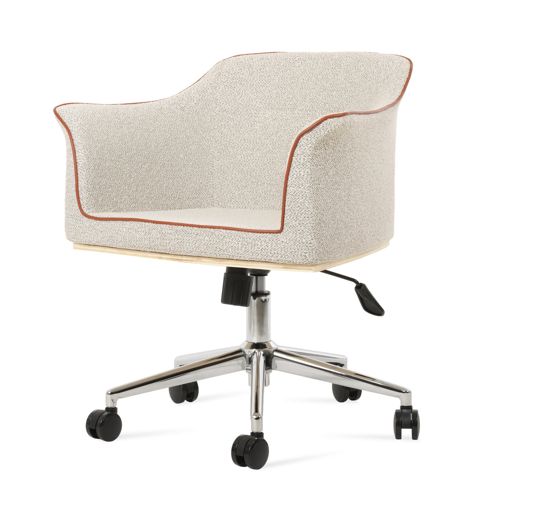 London Office Armchair — white-grey boucle with cinnamon piping, chrome office base on casters