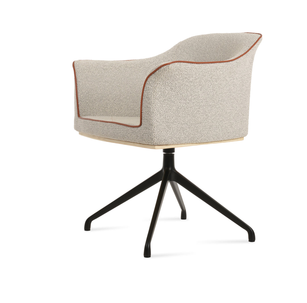 London Spider Swivel Armchair — white-grey boucle with cinnamon piping, black spider swivel base