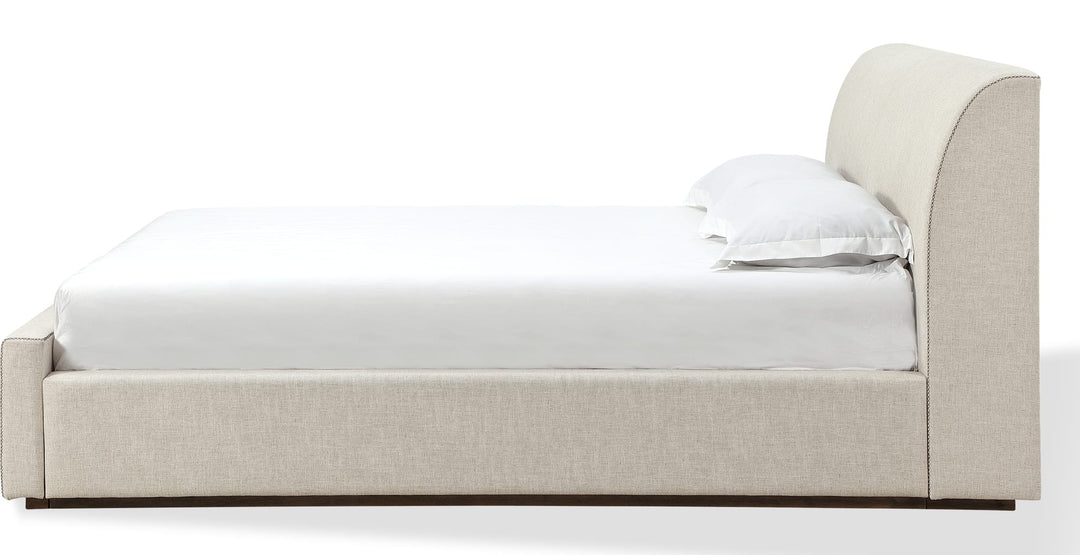 Louis Upholstered Platform Bed in Natural Linen — white background, side profile