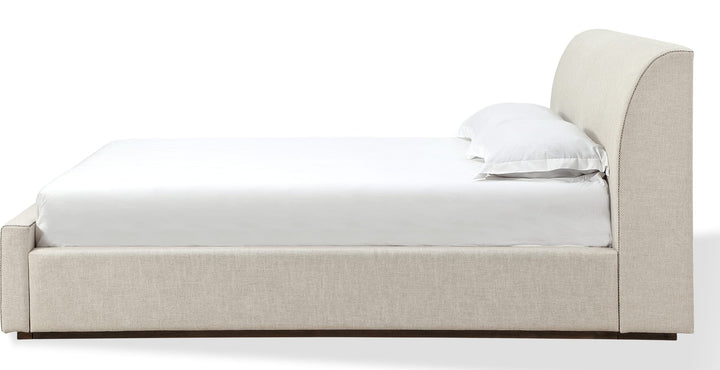 Louis Upholstered Platform Bed in Natural Linen — white background, side profile