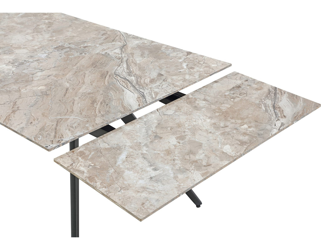 Lucia Double Extension Stone Top Dining Table in Rich Brown and Black — product view on a white background