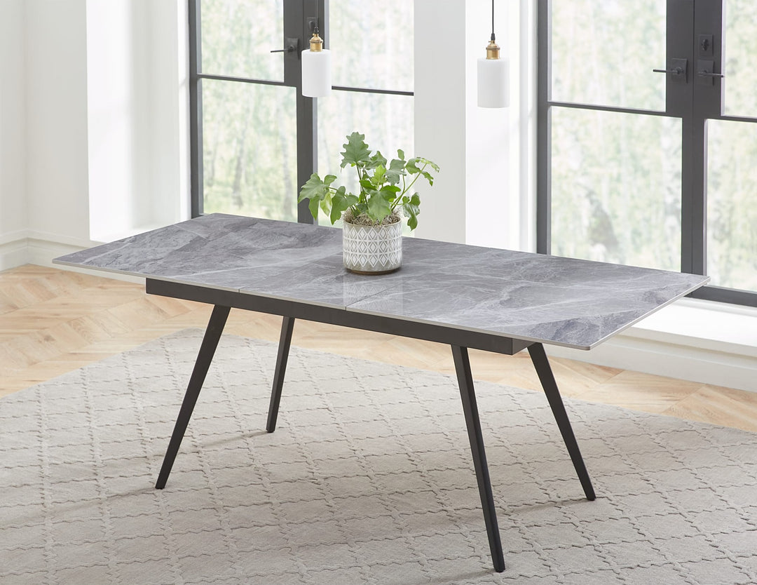Lucia Extendable Stone Top Dining Table in Piedra and Black — lifestyle photo