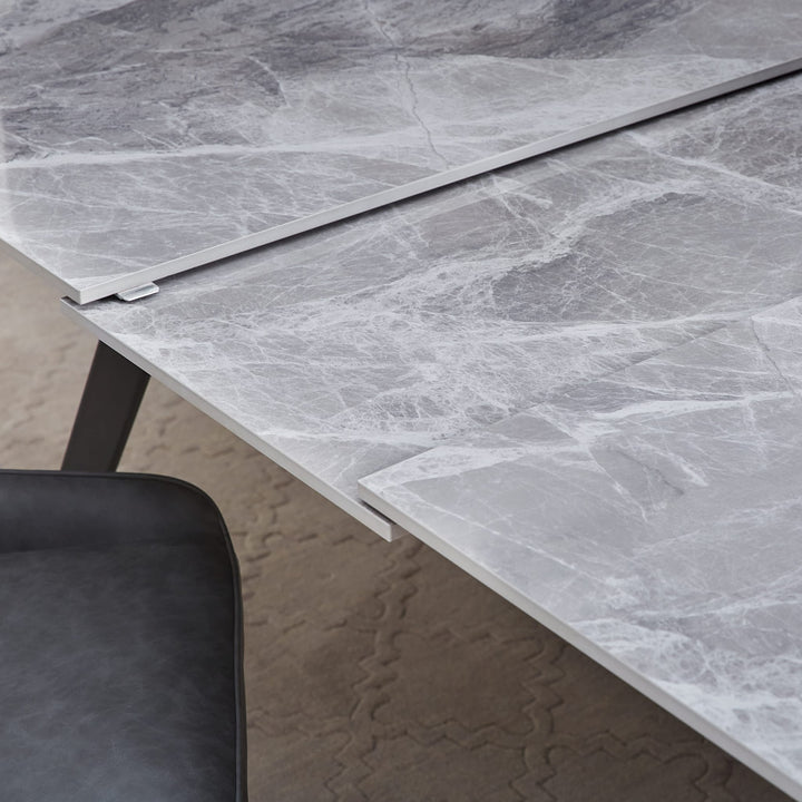 Lucia Extendable Stone Top Dining Table in Piedra and Black — lifestyle photo