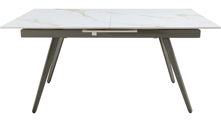 Lucia Extendable Stone Top Dining Table in Polished Cappuccino and Gunmetal — product view on a white background