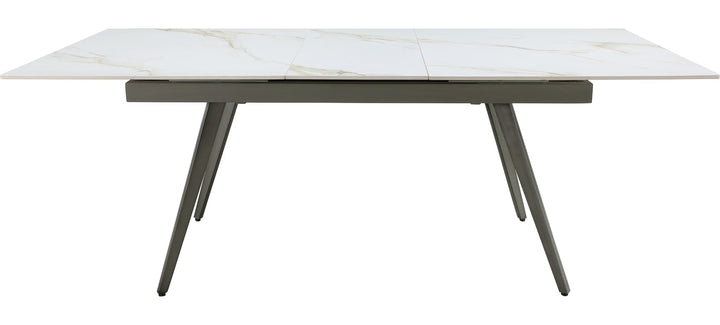Lucia Extendable Stone Top Dining Table in Polished Cappuccino and Gunmetal — product view on a white background
