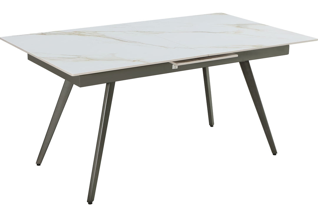 Lucia Extendable Stone Top Dining Table in Polished Cappuccino and Gunmetal — product view on a white background