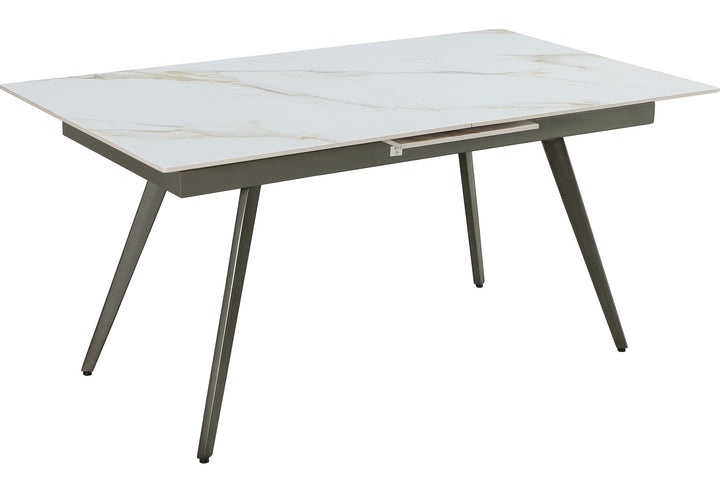 Lucia Extendable Stone Top Dining Table in Polished Cappuccino and Gunmetal — product view on a white background