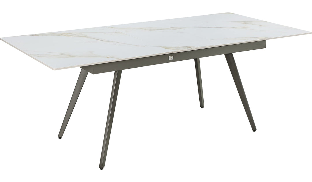 Lucia Extendable Stone Top Dining Table in Polished Cappuccino and Gunmetal — product view on a white background