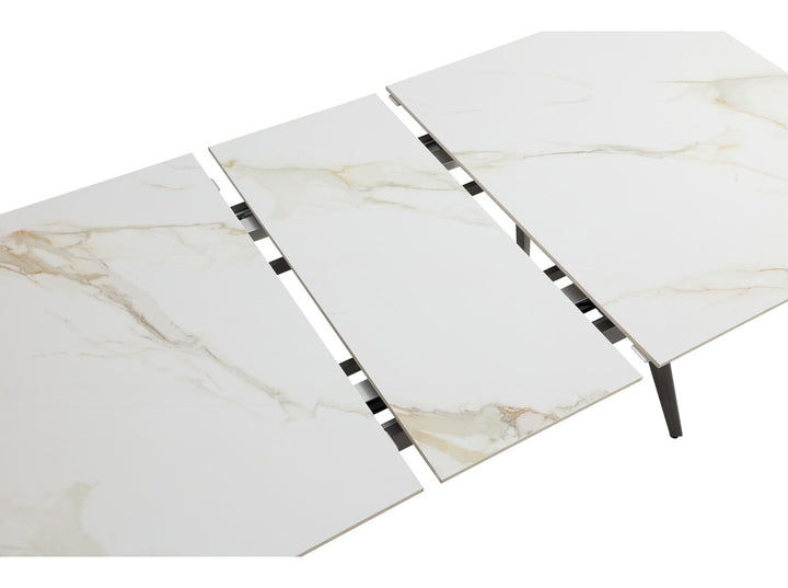 Lucia Extendable Stone Top Dining Table in Polished Cappuccino and Gunmetal — product view on a white background