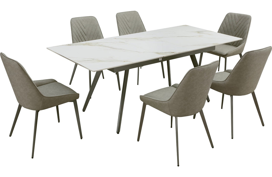 Lucia Extendable Stone Top Dining Table in Polished Cappuccino and Gunmetal — product view on a white background