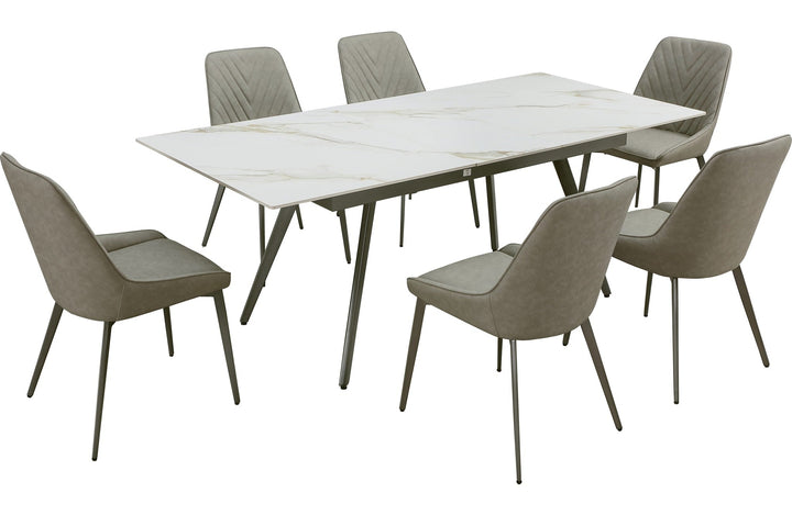 Lucia Extendable Stone Top Dining Table in Polished Cappuccino and Gunmetal — product view on a white background