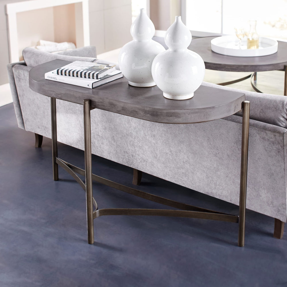 Lyon Semi-Circular Concrete and Metal Console Table in Natural Concrete — lifestyle photo