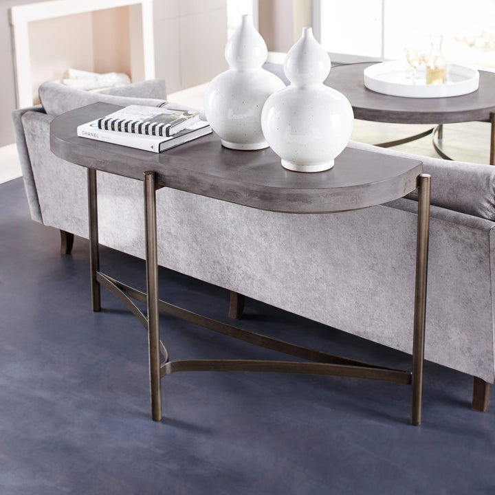 Lyon Semi-Circular Concrete and Metal Console Table in Natural Concrete — lifestyle photo