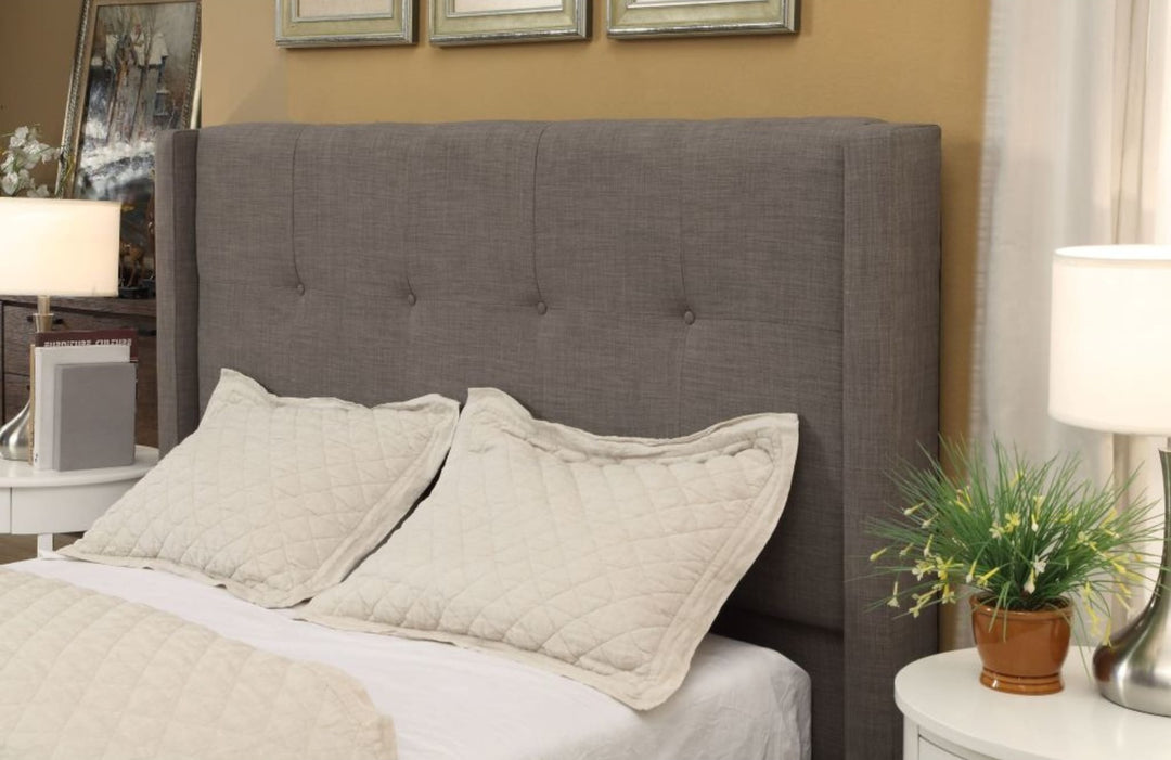 Madeleine Wingback Upholstered Platform Bed in Dolphin styled in a bedroom