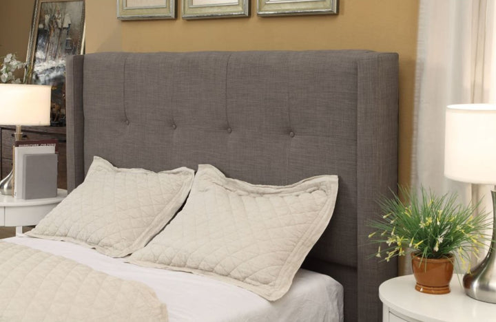 Madeleine Wingback Upholstered Platform Bed in Dolphin styled in a bedroom