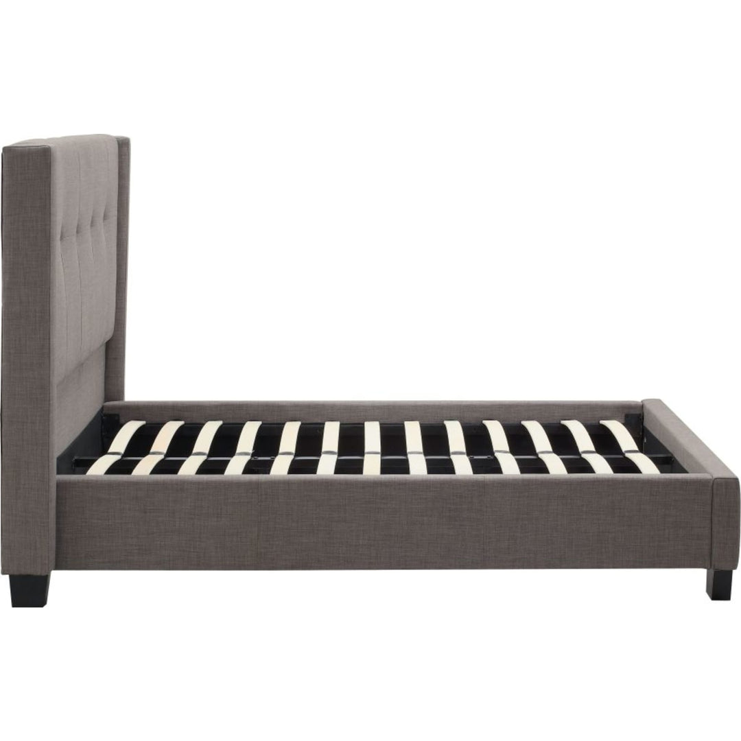 Madeleine Wingback Upholstered Platform Bed in Dolphin — side view without mattress