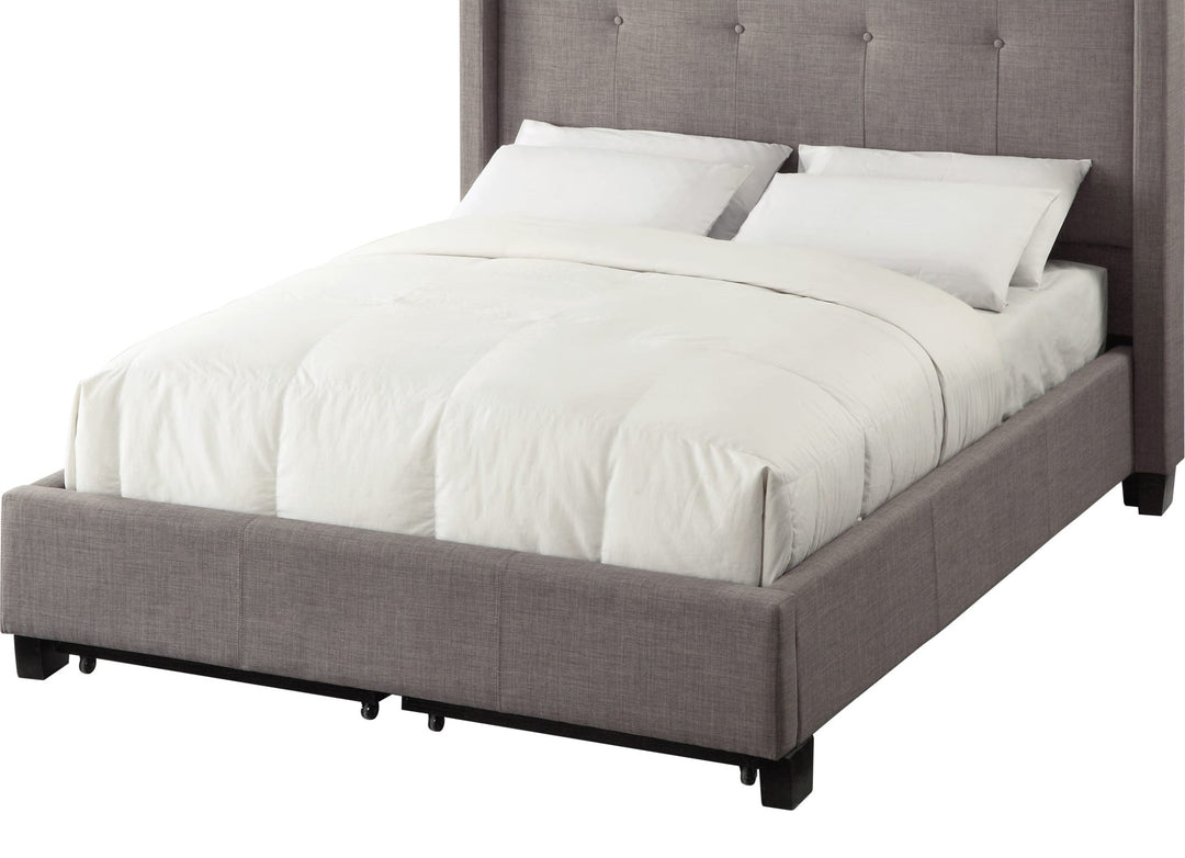 Madeleine Wingback Upholstered Platform Storage Bed by Modus in Dolphin — white background, angled view