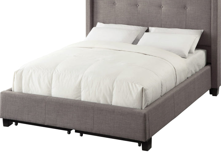 Madeleine Wingback Upholstered Platform Storage Bed by Modus in Dolphin — white background, angled view