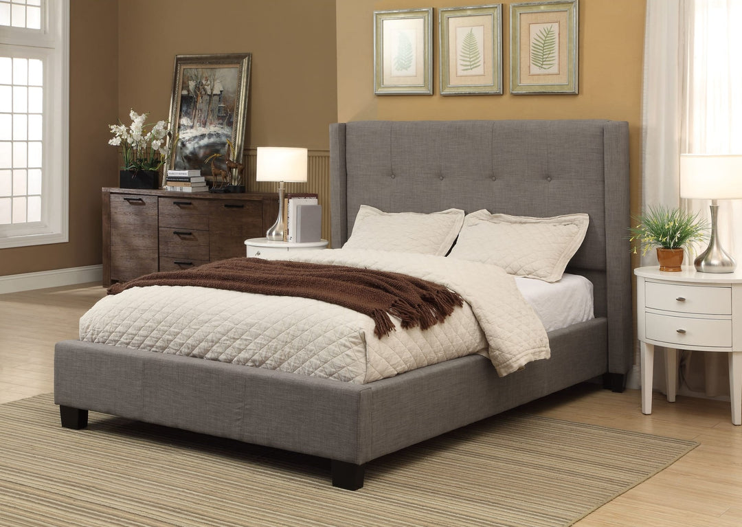 Madeleine Wingback Upholstered Platform Storage Bed in Dolphin styled in a bedroom