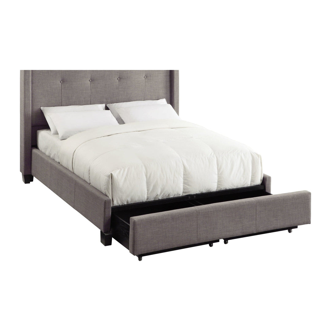 Madeleine Wingback Upholstered Platform Storage Bed in Dolphin — storage footboard drawers open